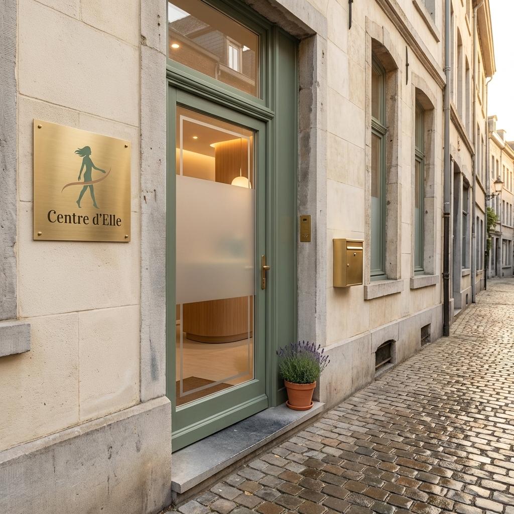 Entrée du Centre d'Elle — façade en pierre belge avec plaque en laiton, région namuroise