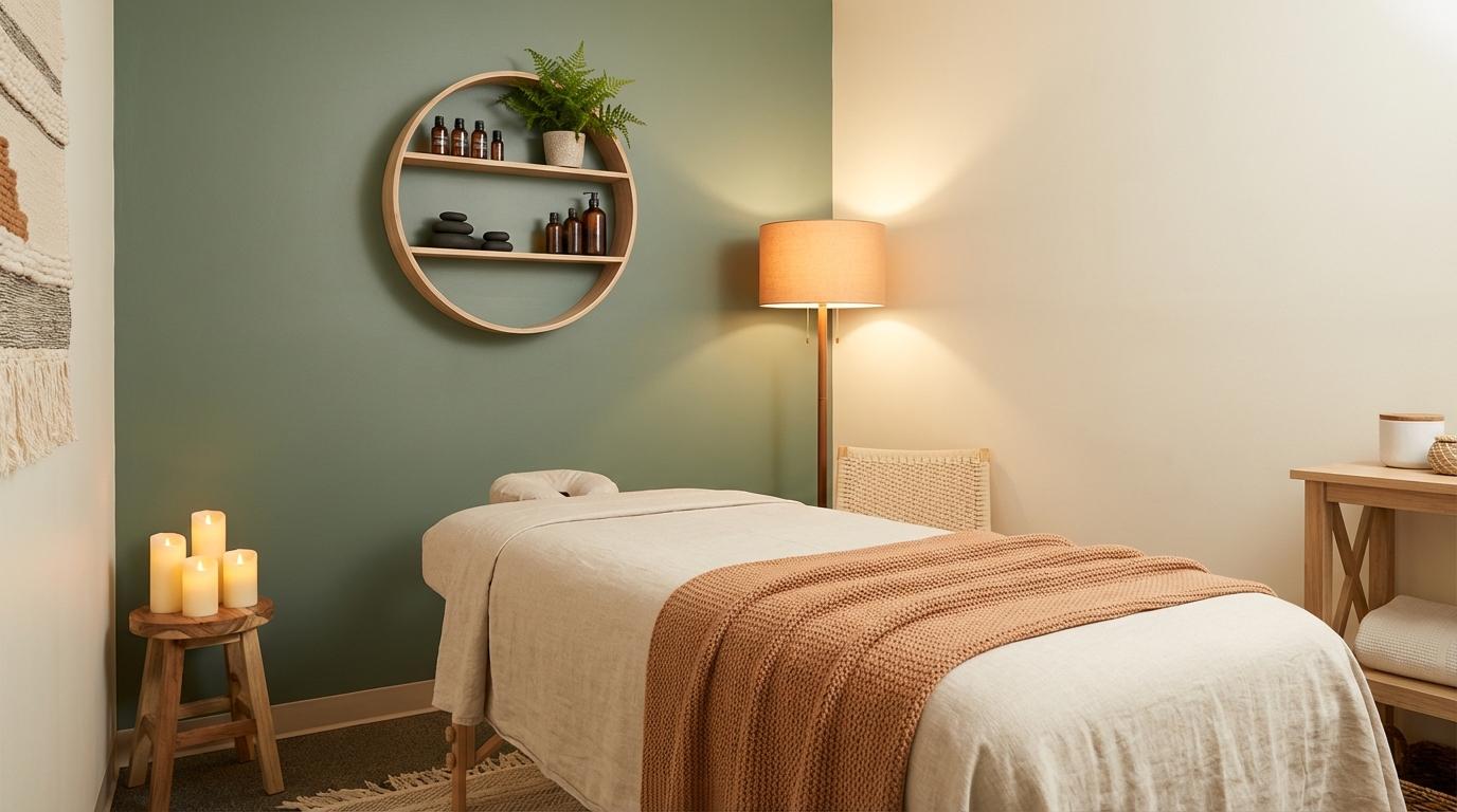 Salle de massage bien-être aux tonalités naturelles apaisantes au Centre d'Elle